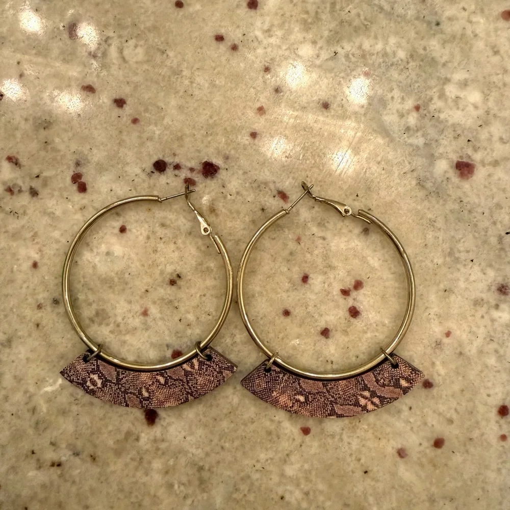 2/$15 Gold Hoop Earrings with Snakeskin Print Faux Leather Boho Earrings